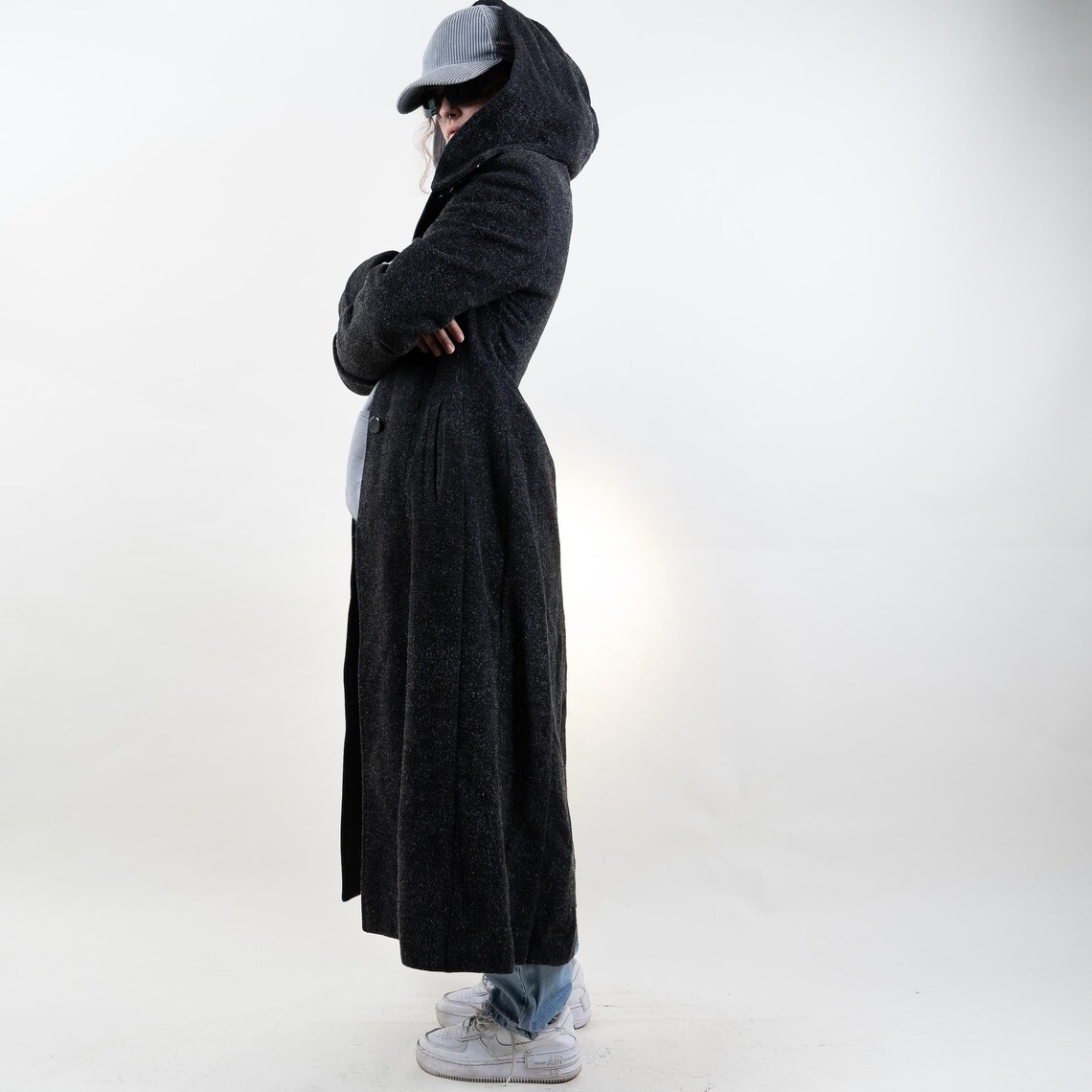 Vintage blue t80's wool trench coat L
