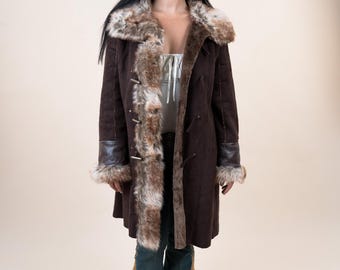 Y2K 2000s Brown Leather & Suede Coat With Fur Hem Details