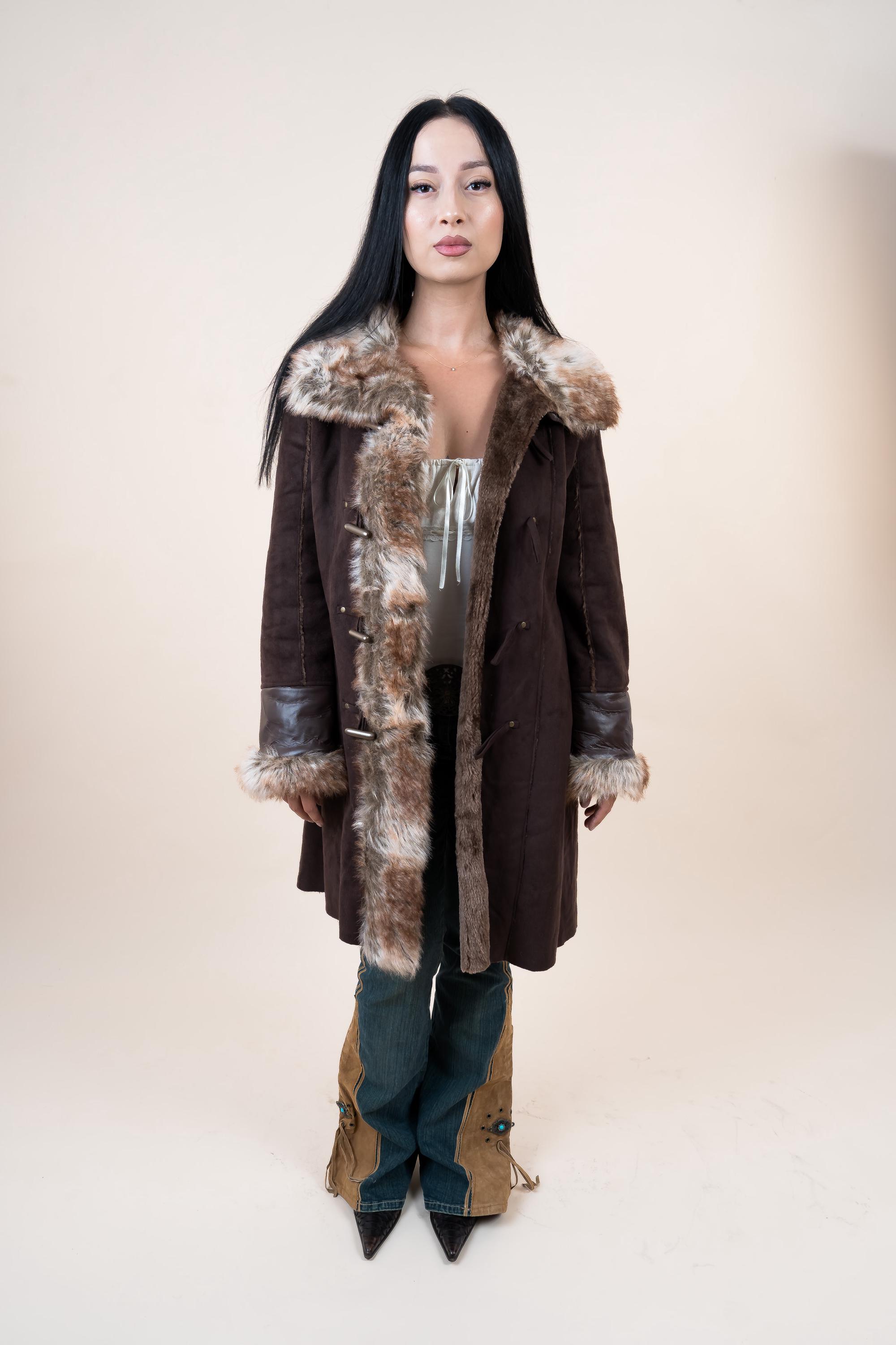 Y2K 2000s Brown Leather & Suede Coat With Fur Hem Details