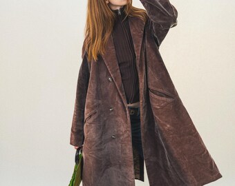 80s Vintage Brown Velvet Coat | Oversized Single-Breasted Jacket | Gender Neutral Size L | Retro fashion