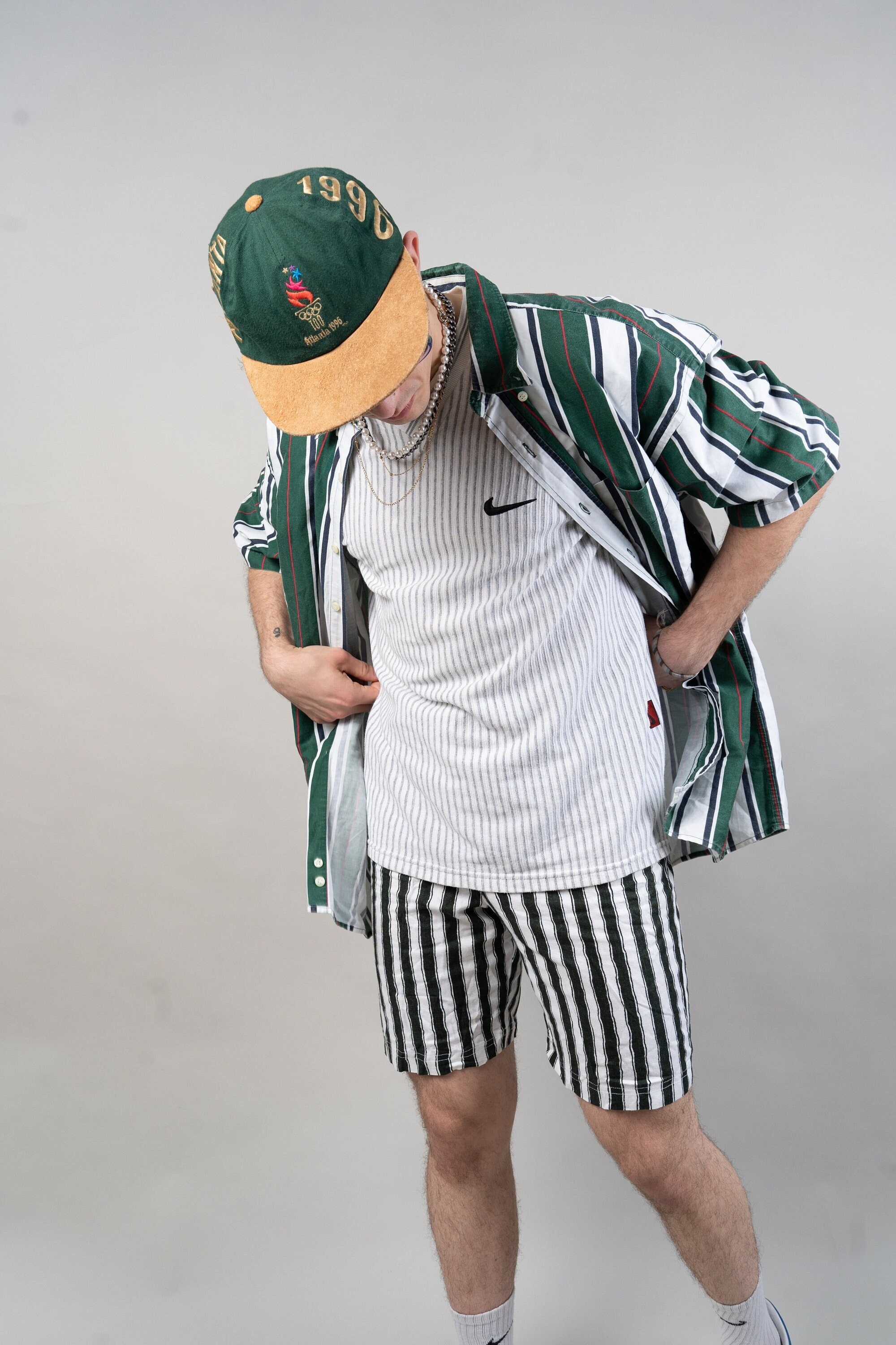 Vintage Cotton Short Green and White Striped Pattern Size L Summer