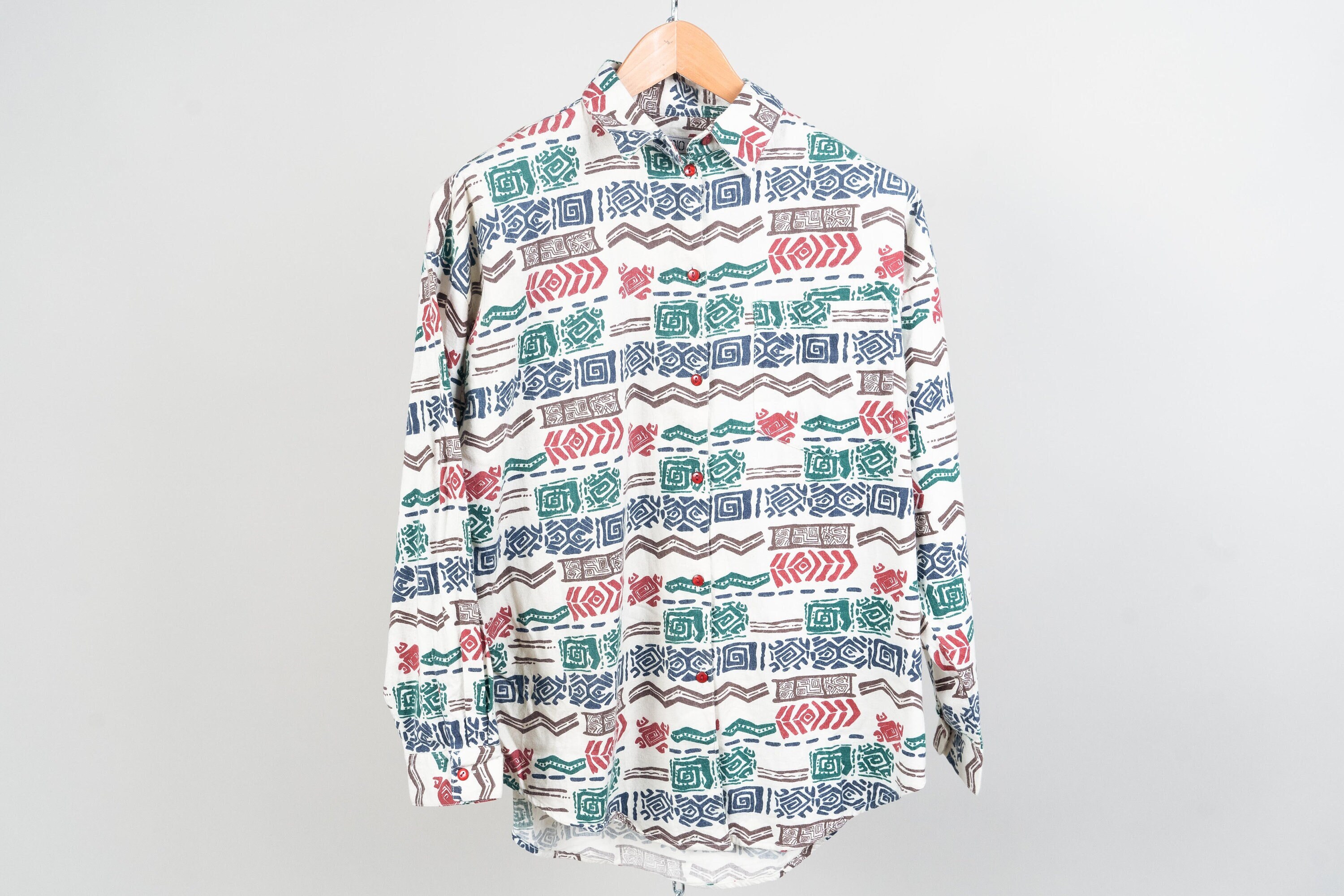 Vintage cotton  shirt Navajo pattern white aztec pattern button up Size M 80s 90s