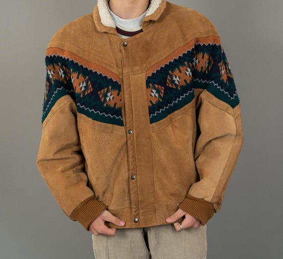 Vintage Aztec Sherpa Bomber Jacket Suede Leather Man XXL Woman