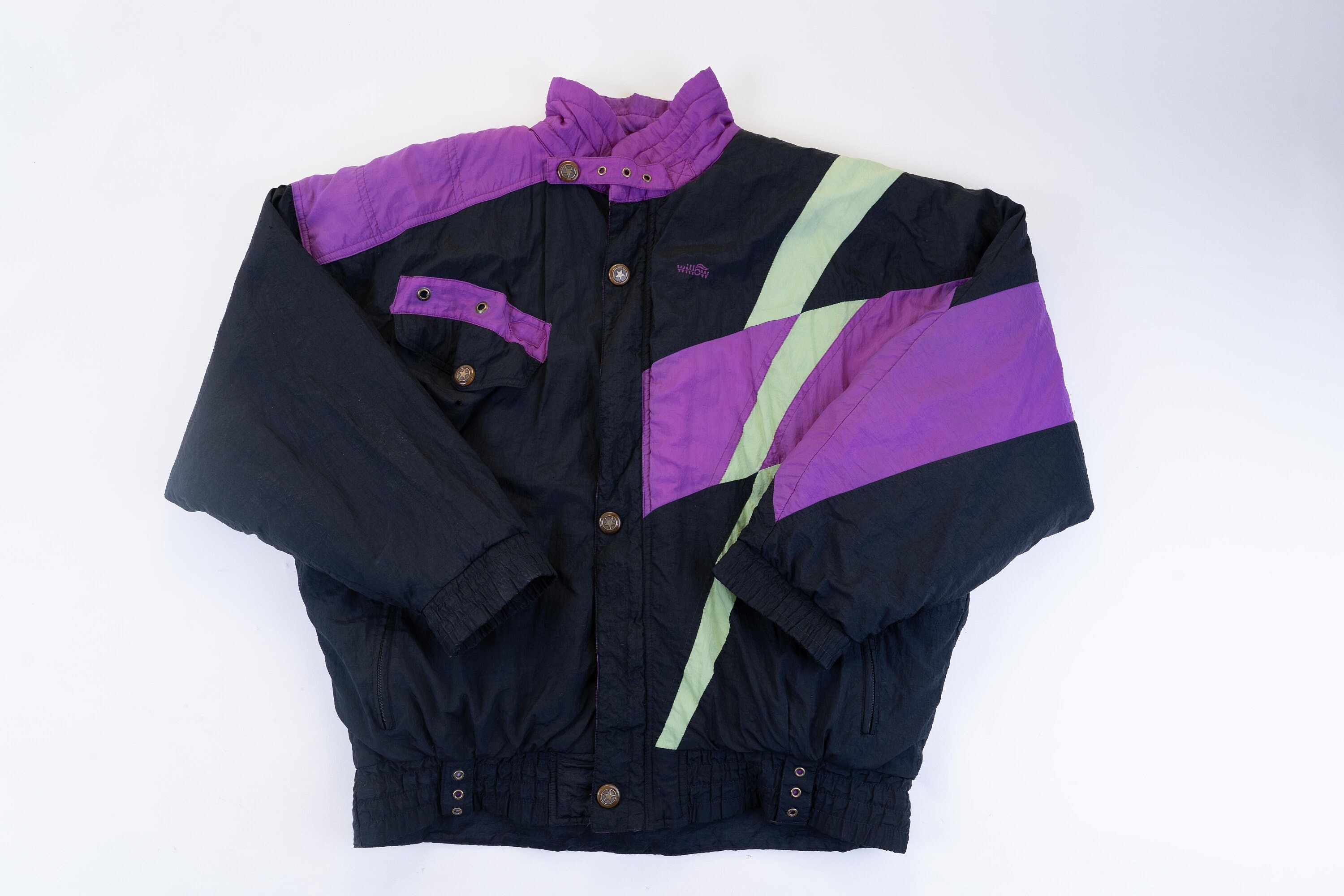 Vintage Ski Jacket Parka Black Lined Crazy Pattern Size L