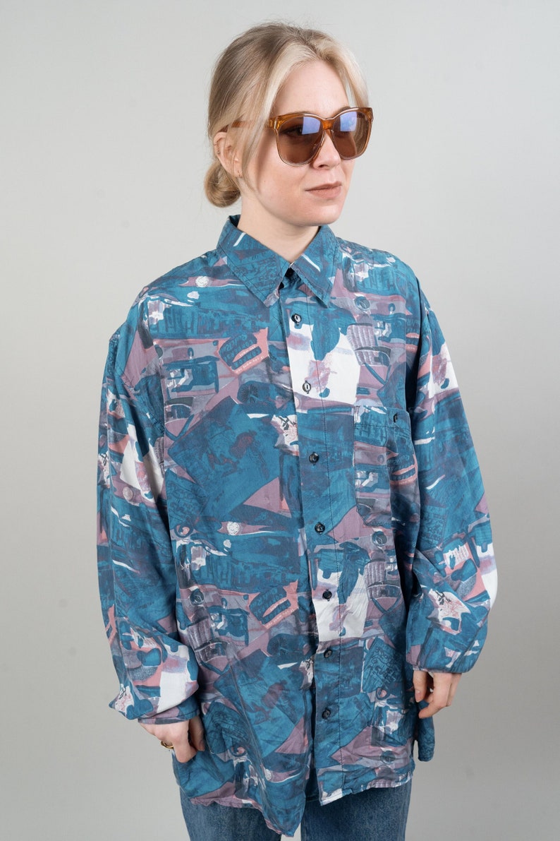 Vintage printed shirt blue crazy pattern oversized hard cotton gender neutral 80s image 1