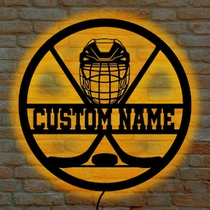 Enseigne LED hockey sur glace personnalisée, nom personnalisé décoration hockey, cadeau joueur de hockey, décoration de chambre amateur de sport de hockey, cadeau de Noël pour fils