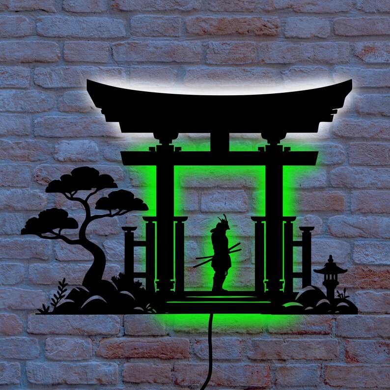 Led Design Samurai Japanese Room Decor: Samurai LED Wall Sign With Torii Gate and Bonsai ...