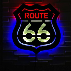 Cartello da parete Route 66, cartello a LED per garage, cartello grande Route 66, cartello luminoso Route 66, decorazione da parete per casa al mare, regalo per figlio