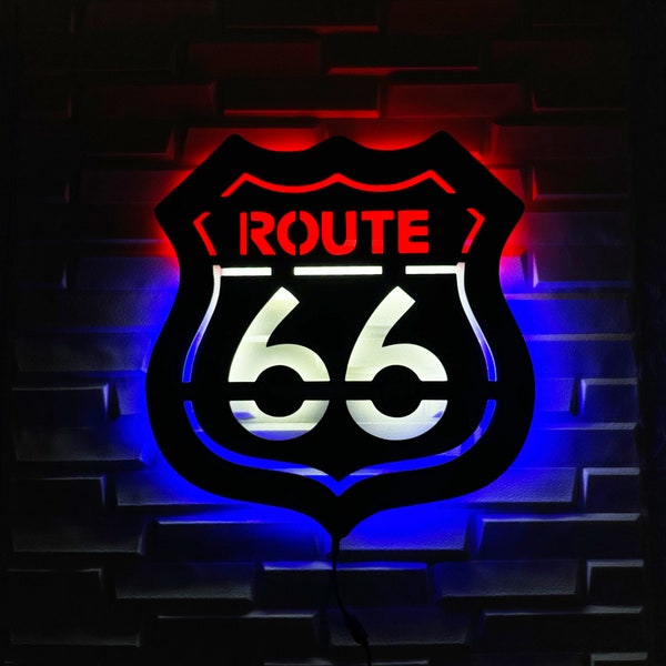 Route 66 Wandkunst, Garagen-LED-Lichter, Route 66-Schild, Garagenwandkunst, Straßenschild, Garagendekor für Männer, Garagengeschenke für Männer, Geschenk Opa
