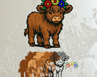 SVG de vaca de las Tierras Altas en capas, vaca bebé multicapa con corona de flores, archivo de corte láser de animales de granja para Cricut, arte rústico para pared.
