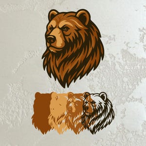 May include: A brown bear head illustration with detailed fur and a stern expression. Below, a series of bear head silhouettes in varying shades of brown and tan. The design is suitable for logos, emblems, or graphic designs.