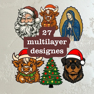 Könnte beinhalten: Eine Sammlung von 27 mehrschichtigen Designs mit Weihnachtsmann, einer Highland-Kuh mit Geschenk, der Jungfrau Maria, einem Weihnachtsbaum und einem Rottweiler, alle mit Weihnachtsmützen. Die Designs sind im Cartoon-Stil.