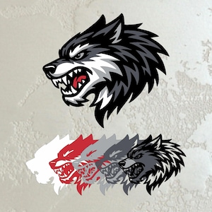 May include: A stylized illustration of a wolf's head in profile, with sharp teeth bared. The design features black, gray, and white colors, with a red mouth. Below, a series of wolf head outlines in various colors.
