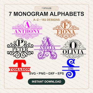 Könnte beinhalten: Eine digitale Sammlung von 7 Monogramm-Alphabeten mit 182 Designs, darunter die Namen Anthony, Fiona, Peter, Amelia, Olivia, Tomason und Sara. Der Text enthält 7 STYLES, 7 MONOGRAM ALPHABETS, A-Z, 182 DESIGNS, SVG, PNG, DXF, EPS und INSTANT DOWNLOAD.