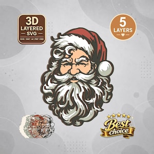 Puede incluir: Un diseño SVG de 3D en capas de Santa Claus con un gorro rojo y una barba blanca detallada. El gráfico incluye etiquetas de texto que dicen 3D LAYERED SVG, 5 LAYERS y Best choice. Una vista previa de las capas se muestra abajo.