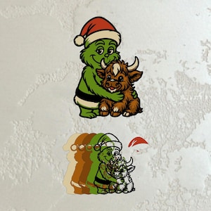 Christmas green with Highland Cow, Multilayer SVG, Layered Christmas Ornament, Santa Hat Clipart, Laser Cut File