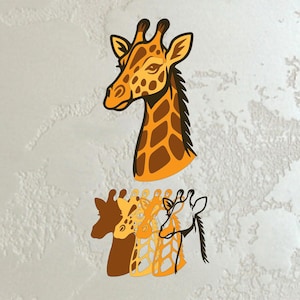 May include: A giraffe head illustration in shades of brown and yellow, with a detailed pattern of spots and a long neck. Below, a series of giraffe head outlines in various styles and colors are displayed.