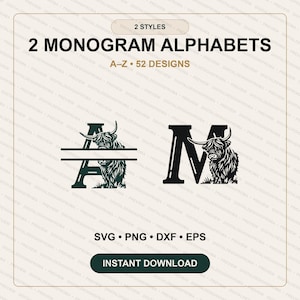 Könnte beinhalten: Eine digitale Grafik mit 2 MONOGRAM ALPHABETS A-Z 52 DESIGNS und schwarzen Illustrationen von Hochlandrindern, die in die Buchstaben A und M integriert sind. Der Text enthält 2 STYLES, SVG PNG DXF EPS und INSTANT DOWNLOAD.