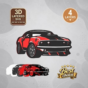May include: A 3D layered SVG digital file featuring a stylized red and black muscle car design. The graphic includes four distinct layers, with text labels indicating 3D LAYERED SVG and 4 LAYERS. A gold Best choice badge with five stars is included.