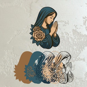 May include: A digital illustration of a woman in a blue veil with hands clasped in prayer. Two tan roses with green leaves are on the left. The image has a vintage, religious theme.