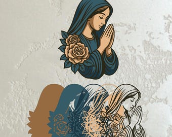May include: A digital illustration of a woman in a blue veil with hands clasped in prayer. Two tan roses with green leaves are on the left. The image has a vintage, religious theme.
