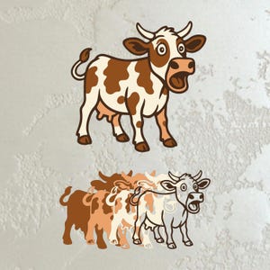 Könnte beinhalten: Cartoon-Illustration einer Kuh mit braunen und weißen Flecken, offenem Mund und überraschtem Gesichtsausdruck. Darunter eine Reihe von Kuhkonturen in verschiedenen Braun- und Weißtönen, die einen geschichteten Effekt erzeugen. Der Hintergrund ist eine strukturierte, hellgraue Oberfläche.