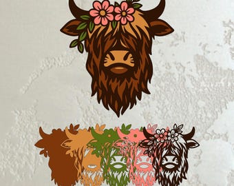 SVG de vaca escocesa multicapa, cabeza de vaca floral en capas, SVG de decoración de granja para corte láser y Cricut