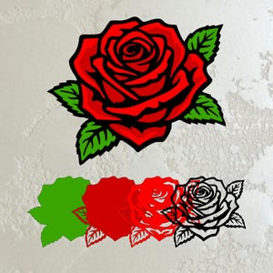 May include: A vibrant red rose illustration with green leaves and black outlines. Below, a series of rose outlines in green, red, and black and white are displayed, creating a layered effect. The background is a textured, off-white surface.