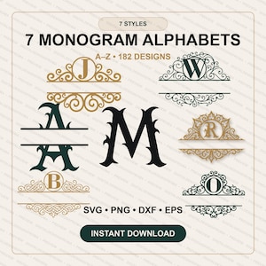 Op de afbeelding: Een digitale collectie van 7 monogramalfabetten met 182 ontwerpen in SVG, PNG, DXF en EPS-formaten. De afbeelding toont diverse letters waaronder J, W, A, M, B, R en O in sierlijke, gespleten kaderstijlen in goud en donkergroene kleuren.