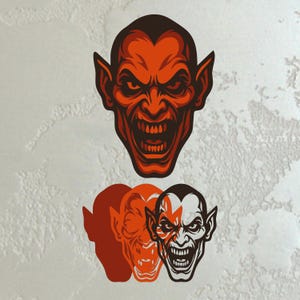 May include: A stylized illustration of a devil's head with an angry expression, sharp teeth, and pointed ears. The devil's head is in shades of orange and brown. Below the main image are three additional devil head illustrations in shades of orange and black.