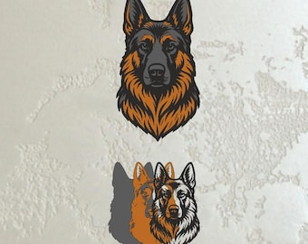 May include: A digital illustration of a German Shepherd dog's head, featuring black, gray, and orange fur. The image includes a single head and a layered effect of three heads with shadows, showcasing the dog's profile.