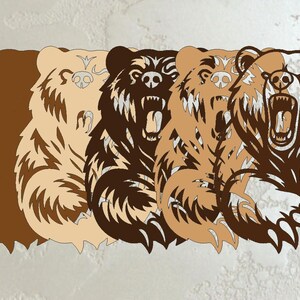 May include: A series of stylized bear illustrations in shades of brown, tan, and white, each with an open mouth and visible teeth. The bears are arranged in a row, with a shadow effect on the leftmost bear.