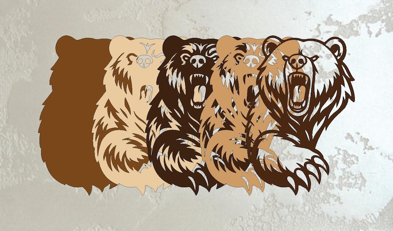 May include: A series of stylized bear illustrations in shades of brown, tan, and white, each with an open mouth and visible teeth. The bears are arranged in a row, with a shadow effect on the leftmost bear.