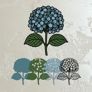 May include: A stylized illustration of a hydrangea flower in shades of blue, green, and black. The flower has a large, round bloom with many small petals. Below the main image are four variations of the flower in different colors and styles.