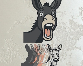 Layered funny donkey face 3D svg pdf cdr dxf file for laser cutting, multilayer cartoon donkey wall art, layered farm animal design