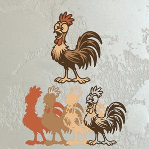 May include: A cartoon rooster illustration in shades of brown, tan, and red. The rooster has a surprised expression with its mouth open. Silhouettes of the rooster in various colors are below the main image. The background is a textured, light gray.