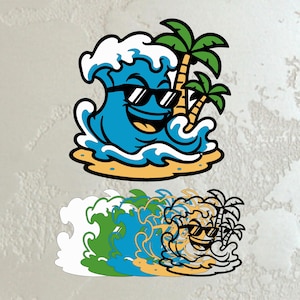 May include: A cartoon illustration of a smiling blue wave wearing sunglasses, with white foam and palm trees. The wave is on a sandy beach. A second, similar design is below the first.