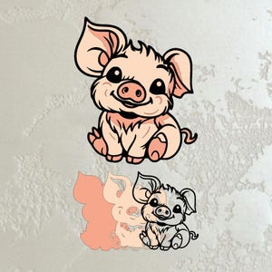 Könnte beinhalten: Eine Cartoon-Illustration eines hellrosa Schweins in sitzender Position, mit schwarzen Umrissen und Details. Das Schwein hat große Augen und einen lächelnden Ausdruck. Eine verblasste rosa Umrisslinie und eine Schwarz-Weiß-Version sind darunter.