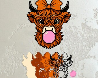 May include: A whimsical illustration of a Highland cow with orange fur, wearing heart-shaped glasses and a bow. The cow is blowing a pink bubblegum bubble. Additional layered cow outlines in various shades are below the main image.