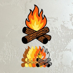 May include: Two illustrations of a campfire. The top image shows a campfire with orange, yellow, and red flames above two crossed brown logs. The bottom image shows a similar campfire with a gradient of colors.
