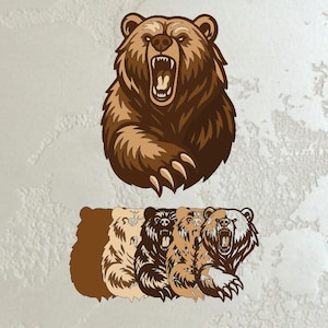 May include: A brown bear illustration with an open mouth and visible teeth. Below, a series of bear illustrations in various shades of brown and tan are displayed. The bear illustrations are suitable for stickers, decals, or other graphic designs.