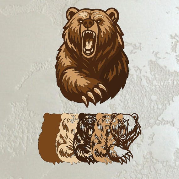 Layered roaring bear 3D svg pdf cdr dxf file for laser cutting, multilayer grizzly head wall art, layered wild animal vector design