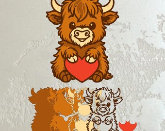 May include: A cartoon illustration of a Highland cow holding a red heart. The cow is brown with a fluffy coat, small horns, and a smiling face. A shadow and outline of the cow are below it.