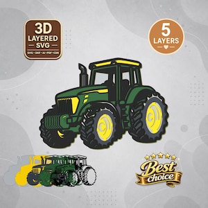 Puede incluir: Un archivo digital SVG de 3D en capas con un diseño de tractor verde y amarillo. El gráfico consta de 5 capas, con una vista previa que muestra los componentes. El texto incluye 3D LAYERED SVG, 5 LAYERS y Best choice.