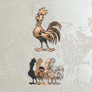 May include: A cartoon-style rooster in shades of brown and tan with an open beak and surprised expression. The image includes a shadow and two additional rooster outlines, creating a layered effect. The rooster is standing on a textured background.