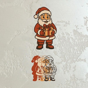 May include: A cartoon illustration of Santa Claus in a red suit and hat, holding a wrapped gift. Santa has a white beard and a smiling expression. The image has a vintage, retro style, with a shadow effect.