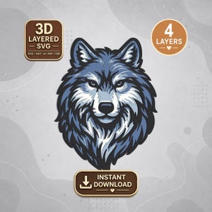 Könnte beinhalten: Eine digitale Grafik eines Wolfskopfes in Blau-, Weiß- und Schwarztönen. Das Bild enthält die Textbeschriftungen: 3D LAYERED SVG, 4 LAYERS und INSTANT DOWNLOAD. Das Design zeigt scharfe, stilisierte Fellstrukturen und einen fokussierten Blick.