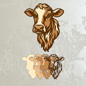Layered cow head 3D svg pdf cdr dxf file for laser cutting, multilayer farm animal wall art, layered cattle face vector design