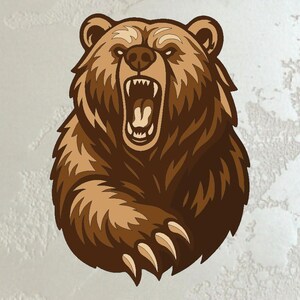 May include: A brown bear illustration with an open mouth, showing its teeth and tongue. The bear has a fierce expression and is rendered in shades of brown. Its claws are visible, and the background is a textured, off-white color.