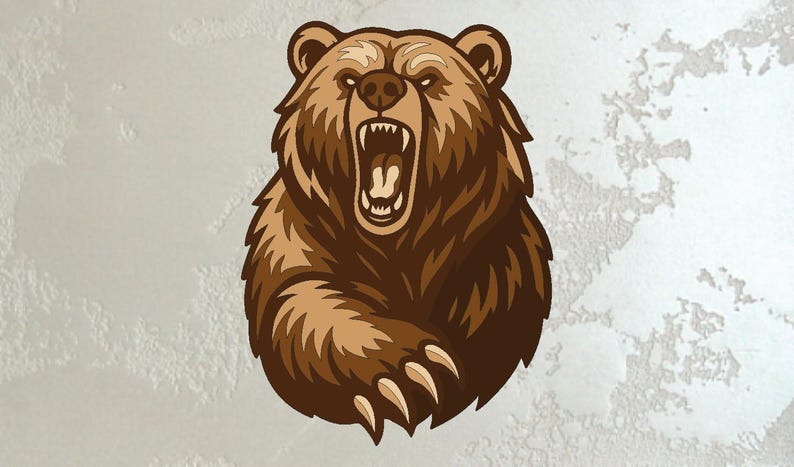 May include: A brown bear illustration with an open mouth, showing its teeth and tongue. The bear has a fierce expression and is rendered in shades of brown. Its claws are visible, and the background is a textured, off-white color.